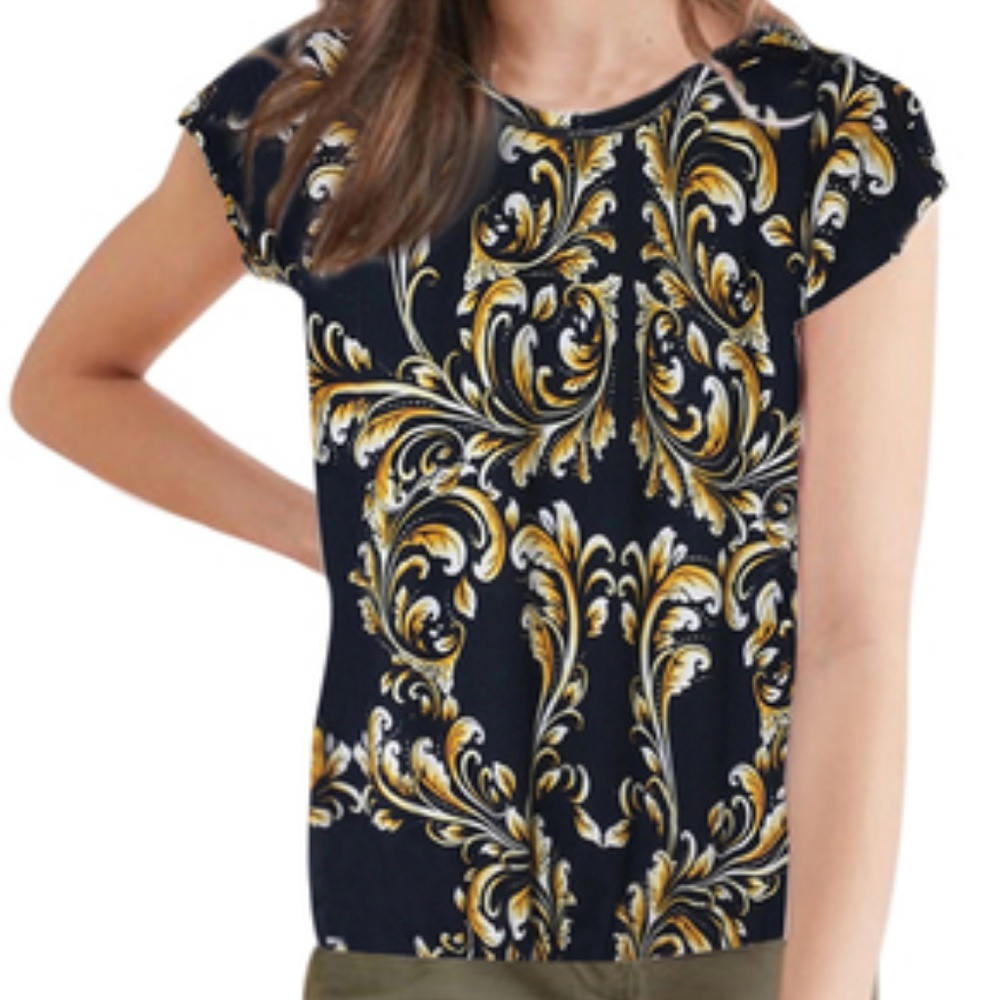 Cap Sleeve Designer "Status" Print w Lace trim